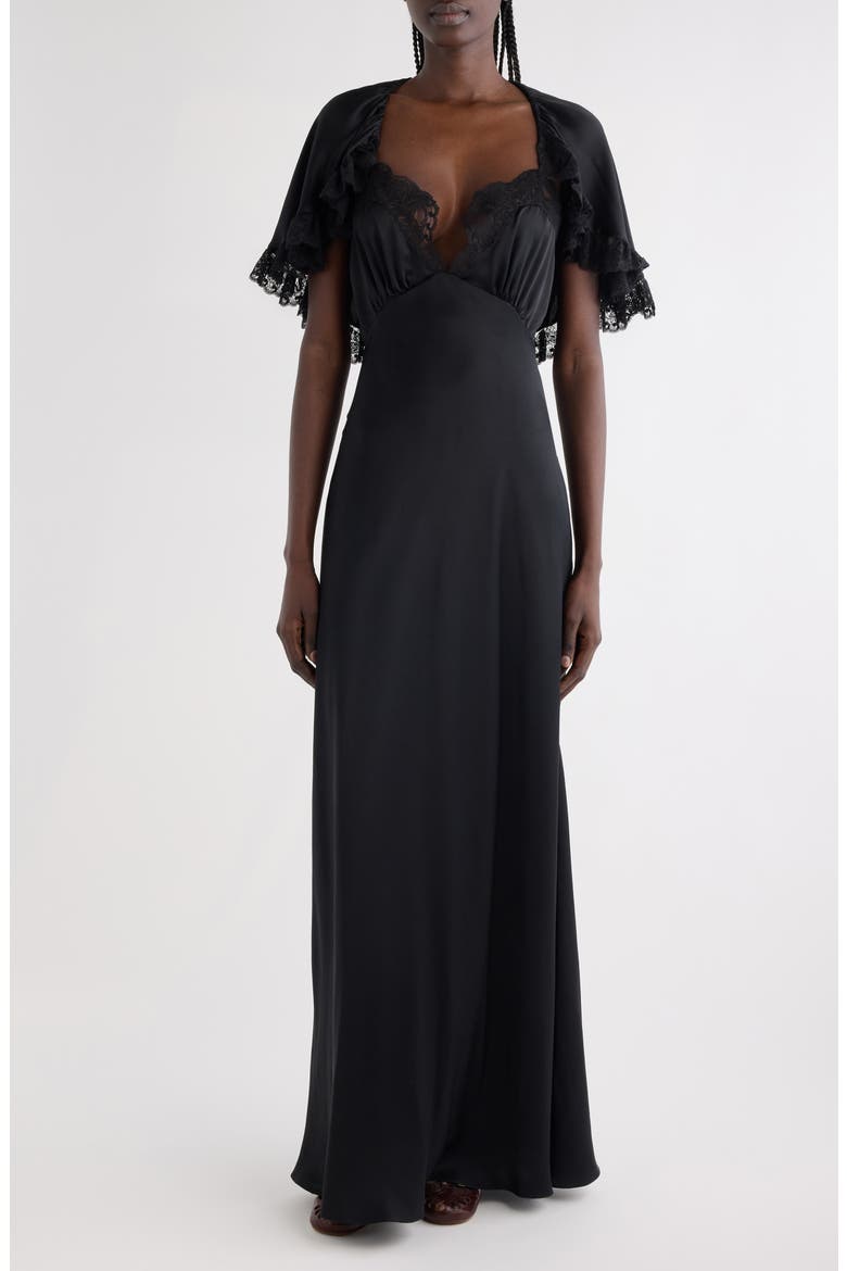 Lace Trim Silk Maxi Dress, Main, color, BLACK