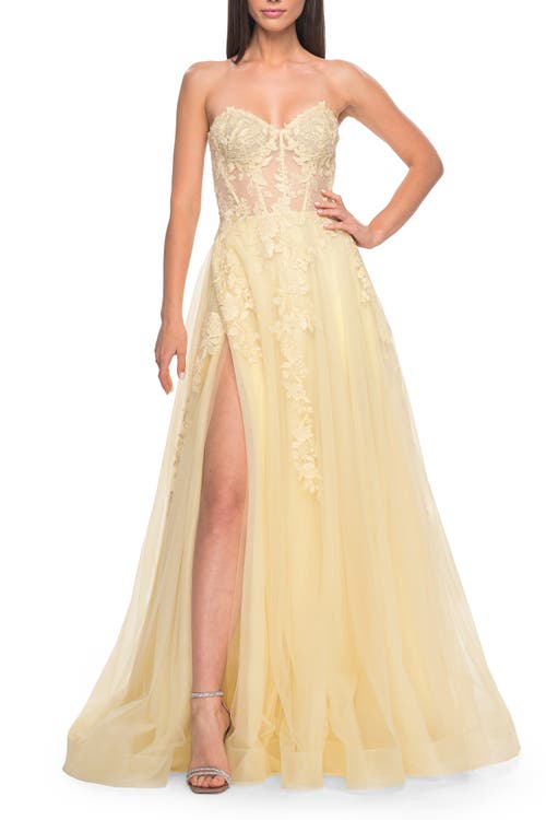 La Femme Sweetheart Strapless Gown With Beautiful Lace Applique