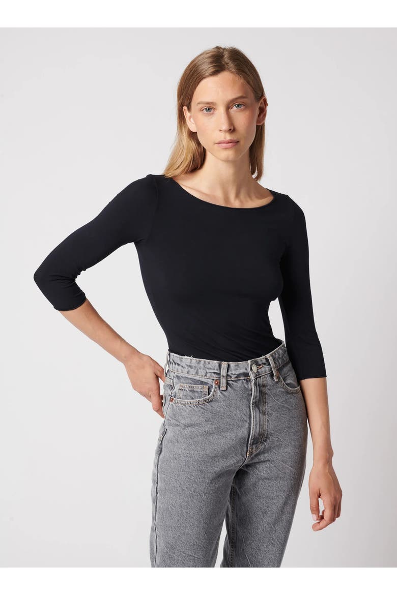 Soft Touch 3/4 Sleeve Merrow Edge Boatneck T-Shirt, Alternate, color, NOIR