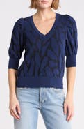 DKNY Puff Sleeve Textured V-Neck Sweater