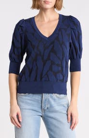 DKNY Puff Sleeve Textured V-Neck Sweater