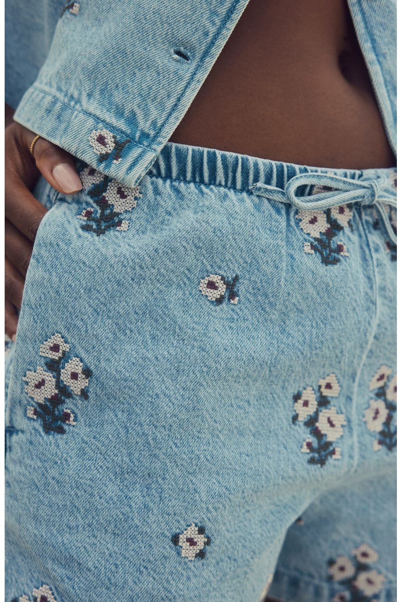 Embroidered Tie Waist Denim Shorts, Main, color, BLUE