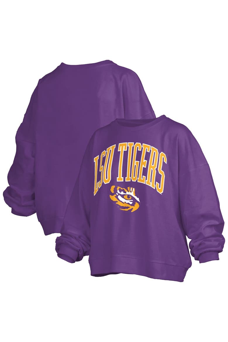 Women's Pressbox Purple LSU Tigers Janise Arch Over Logo Waist Length Oversized Pullover Sweatshirt, Alternate, color, Purple