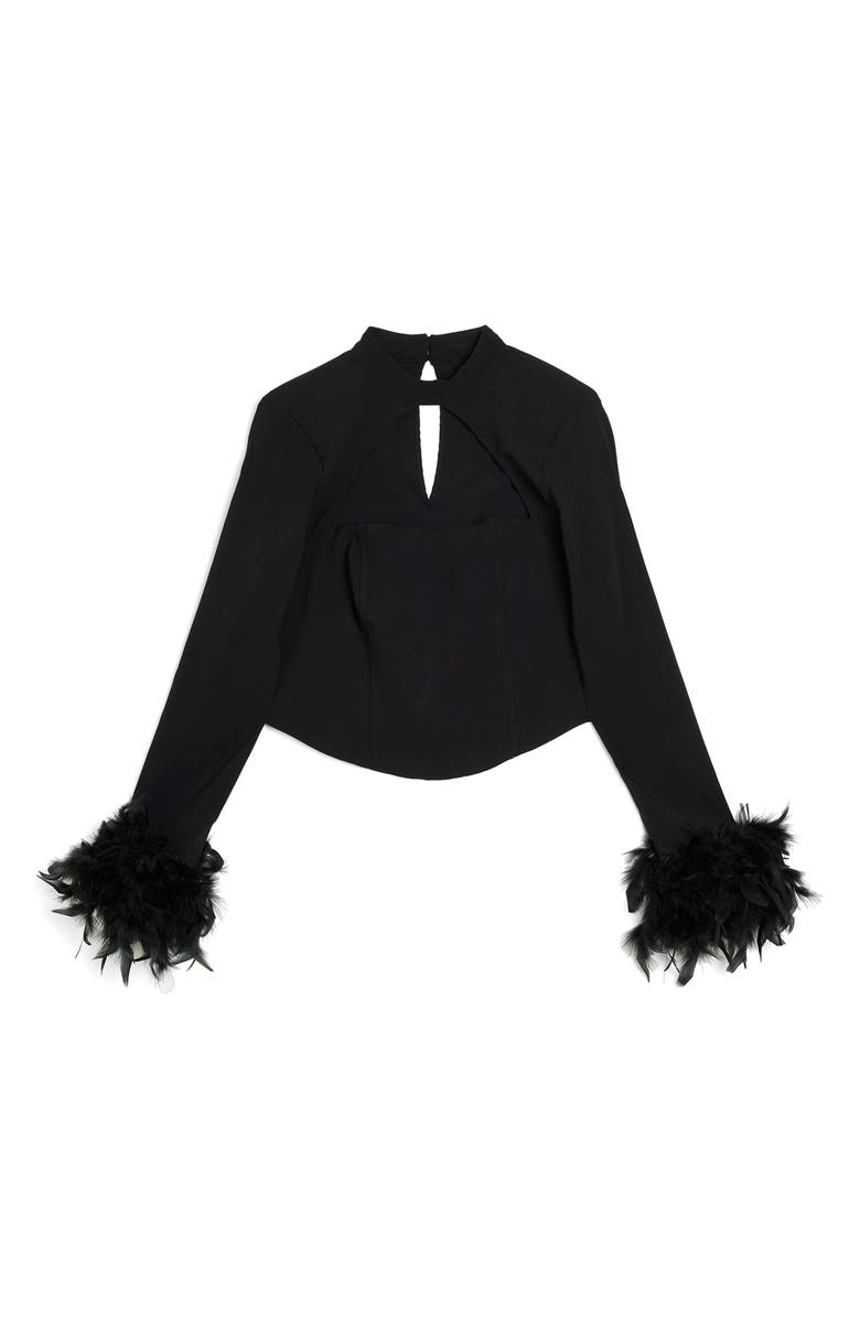 River Island Faux Feather Cuff Cutout Long Sleeve Corset Crop Top, Alternate, color,