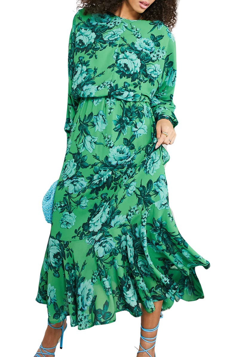 ASOS DESIGN EDITION Floral V-Back Long Sleeve Dress, Main, color, Green Multi