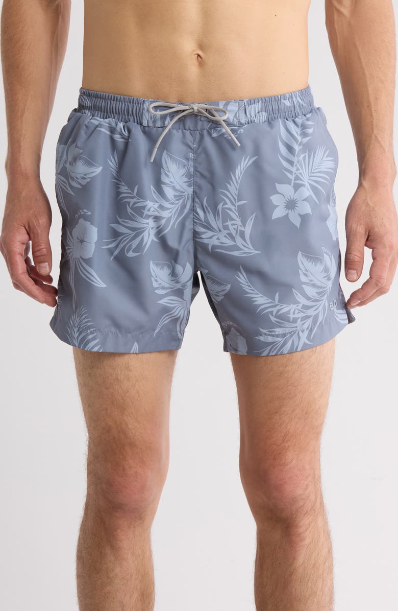 BOSS Reeve Tropical Floral Swim Trunks, Main, color, Silver/ Grey