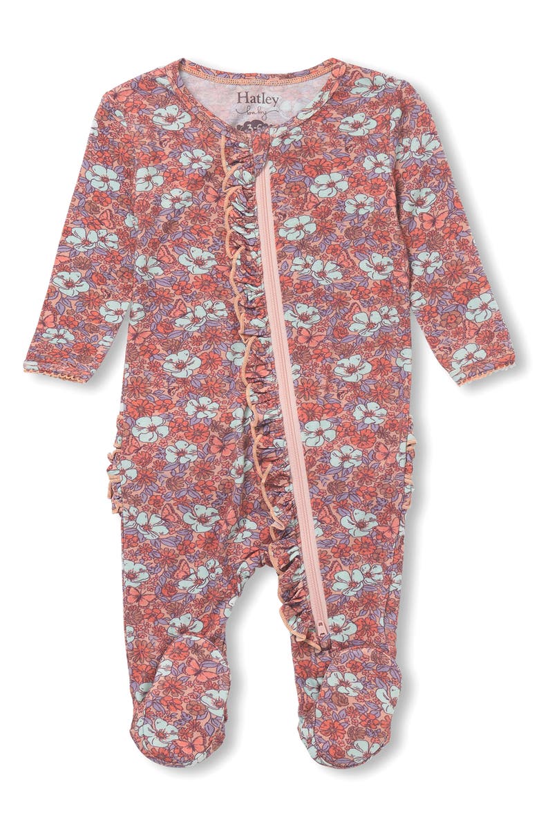 Hatley Floral Ruffle Zip Footie, Main, color, Sepia Rose
