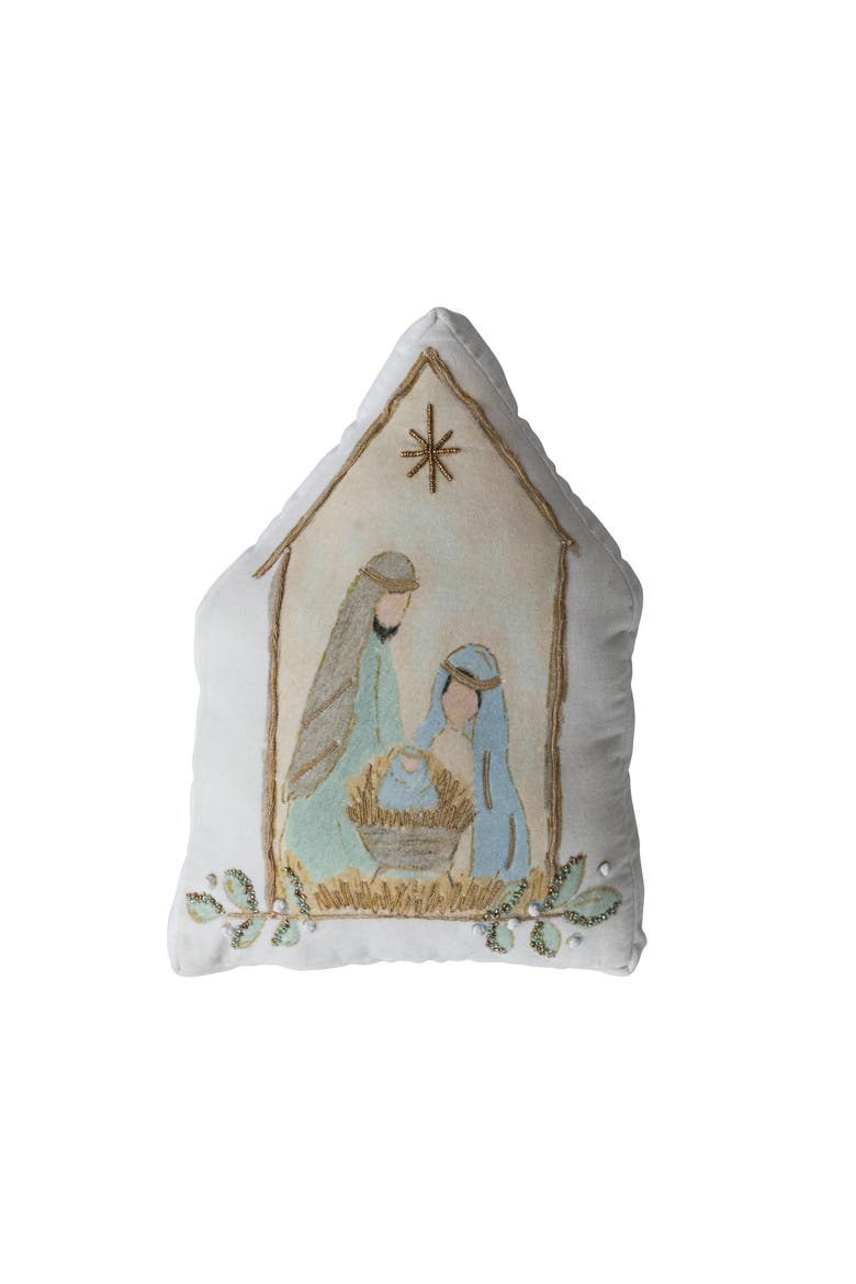 Velvet Printed Pillow with Holy Family, French Knots & Beads, Multicolor, Main, color, Multicolor