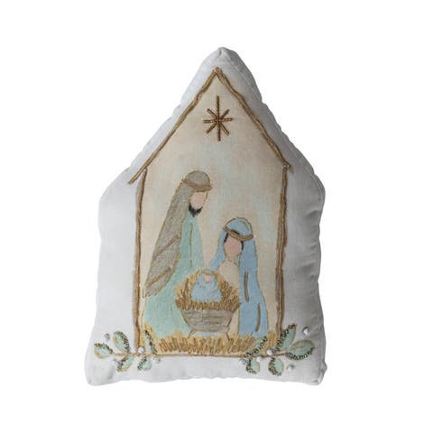 Velvet Printed Pillow with Holy Family, French Knots & Beads, Multicolor