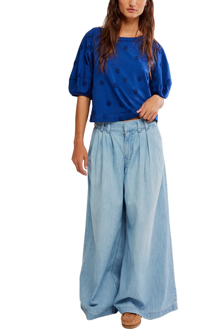 Jessie Eyelet Puff Sleeve Top, Alternate, color, NAVY COMBO