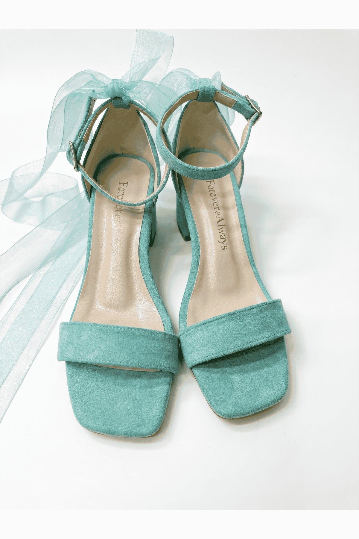 Forever & Always Shoes Rochelle Ivory Bridal Sandals with Ribbon, Alternate, color, Aqua Suede