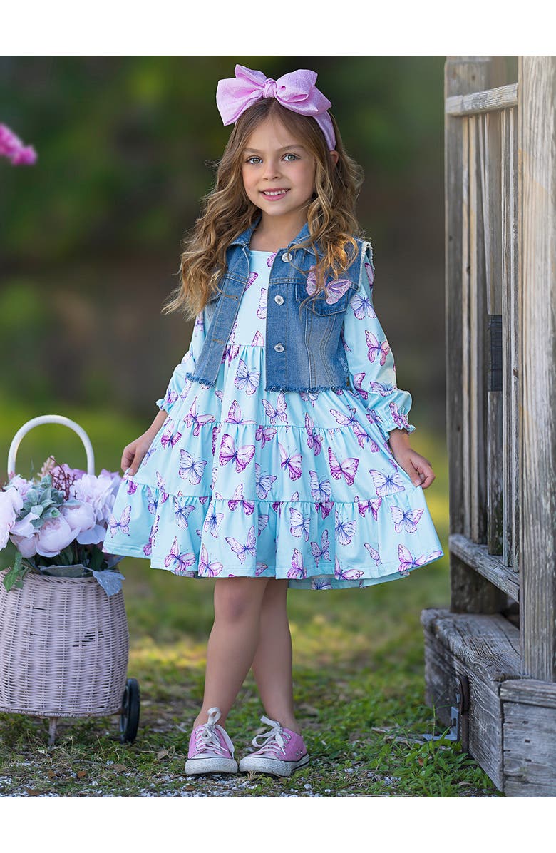 Mia Belle Girls Girls Give Me Butterflies Denim Vest And Dress Set, Alternate, color, 
