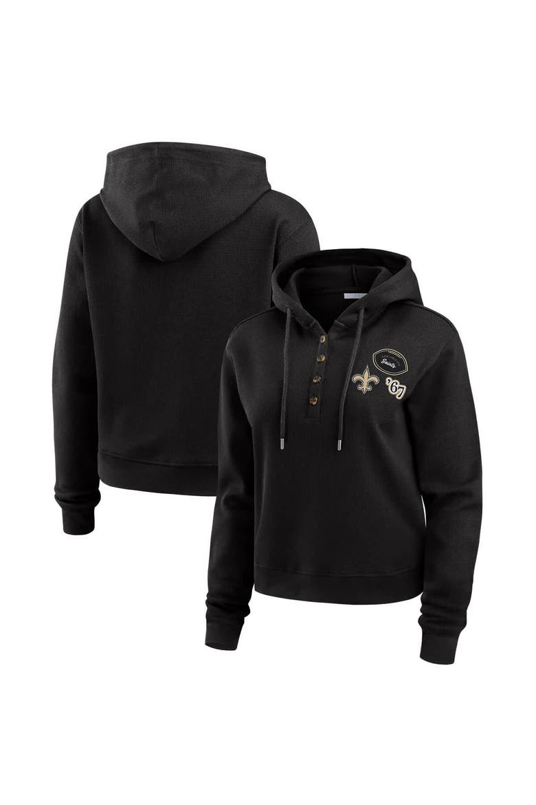 Women's WEAR by Erin Andrews  Black New Orleans Saints Waffle Hoodie Pullover Top, Main, color, Black