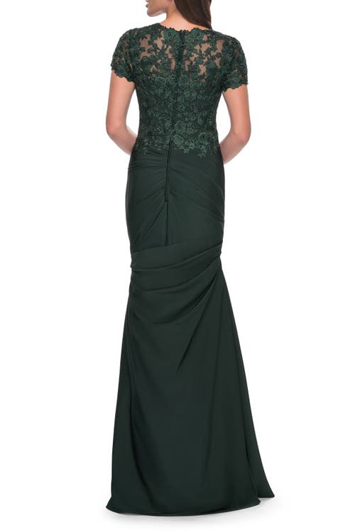 La Femme Satin Evening Dress With Lace And Scoop Neckline In Dark Emerald