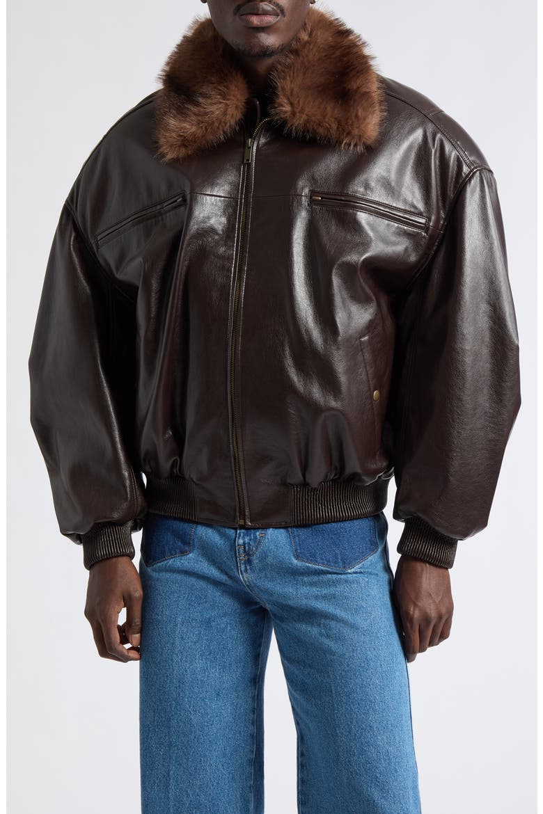 Faux Leather Cargo Flight Jacket With Faux Fur Collar, Main, color, GREASE