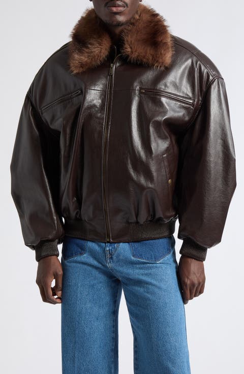 Faux Leather Cargo Flight Jacket With Faux Fur Collar