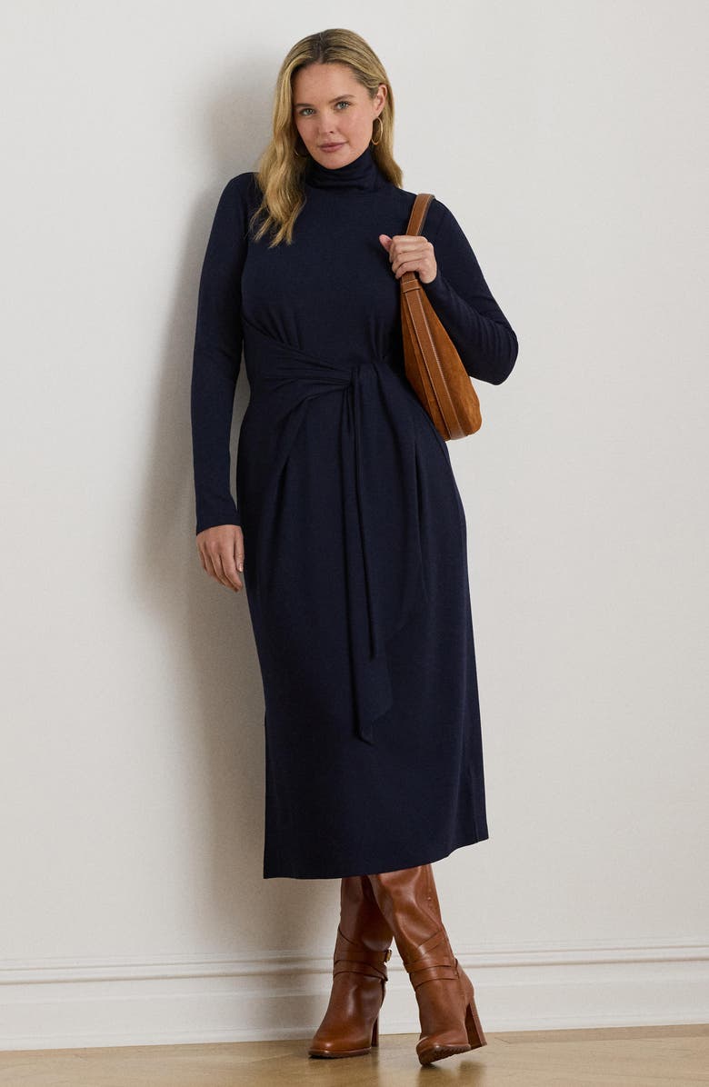Lauren Ralph Lauren Turtleneck Tie Waist Long Sleeve Rib Cotton Blend Midi Dress, Alternate, color,