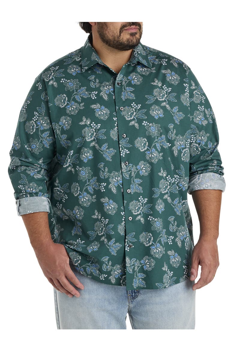Big & Tall Rolled-Sleeve Floral Print Sport Shirt, Main, color, GREEN