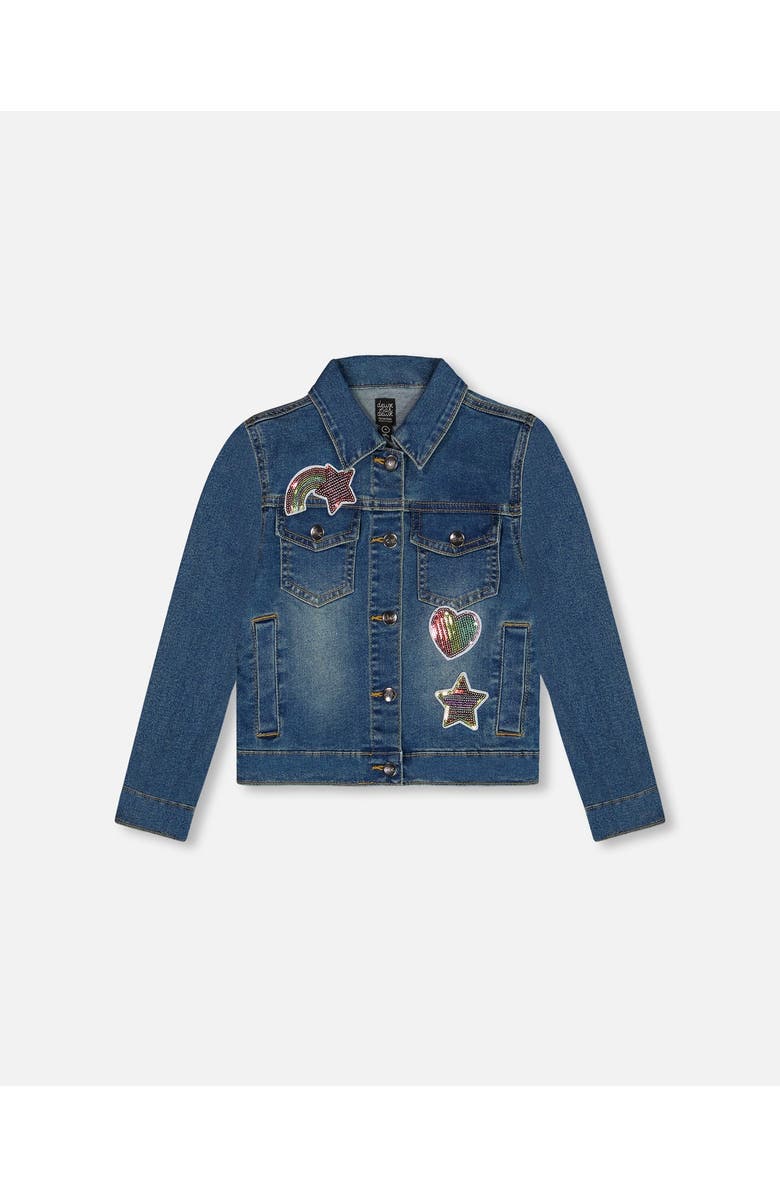 Deux par Deux Little Girl's Denim Jacket With Embroidery Patch, Main, color, 