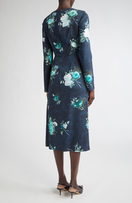 Erdem Abstract Rose Print Draped Long Sleeve Stretch Cady Midi Dress In Blue