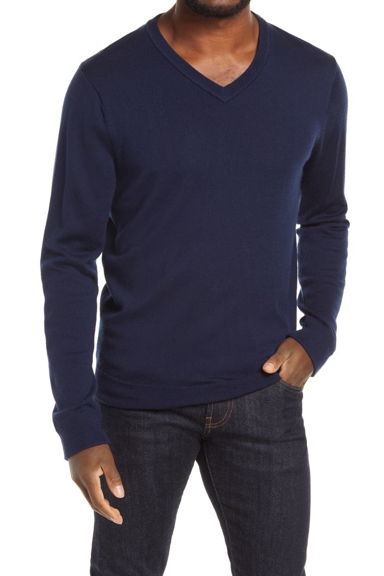 Washable Merino V-Neck Sweater, Main, color, NAVY PEACOAT