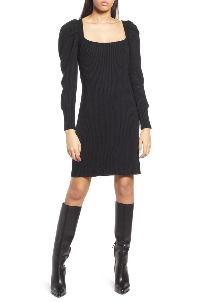Ribbed Long Sleeve Sweater Dress, Main, color, BLACK