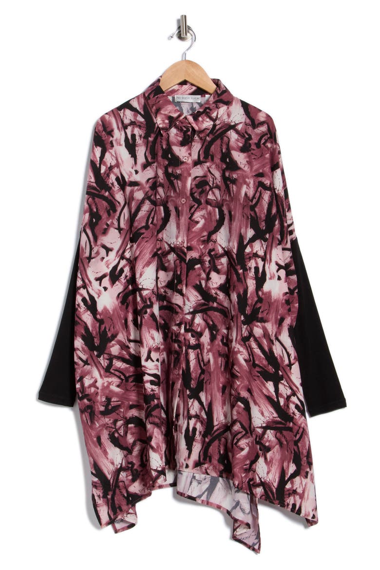 Oversize Long Sleeve Mixed Media Button-Up Shirt, Alternate, color, PLUM