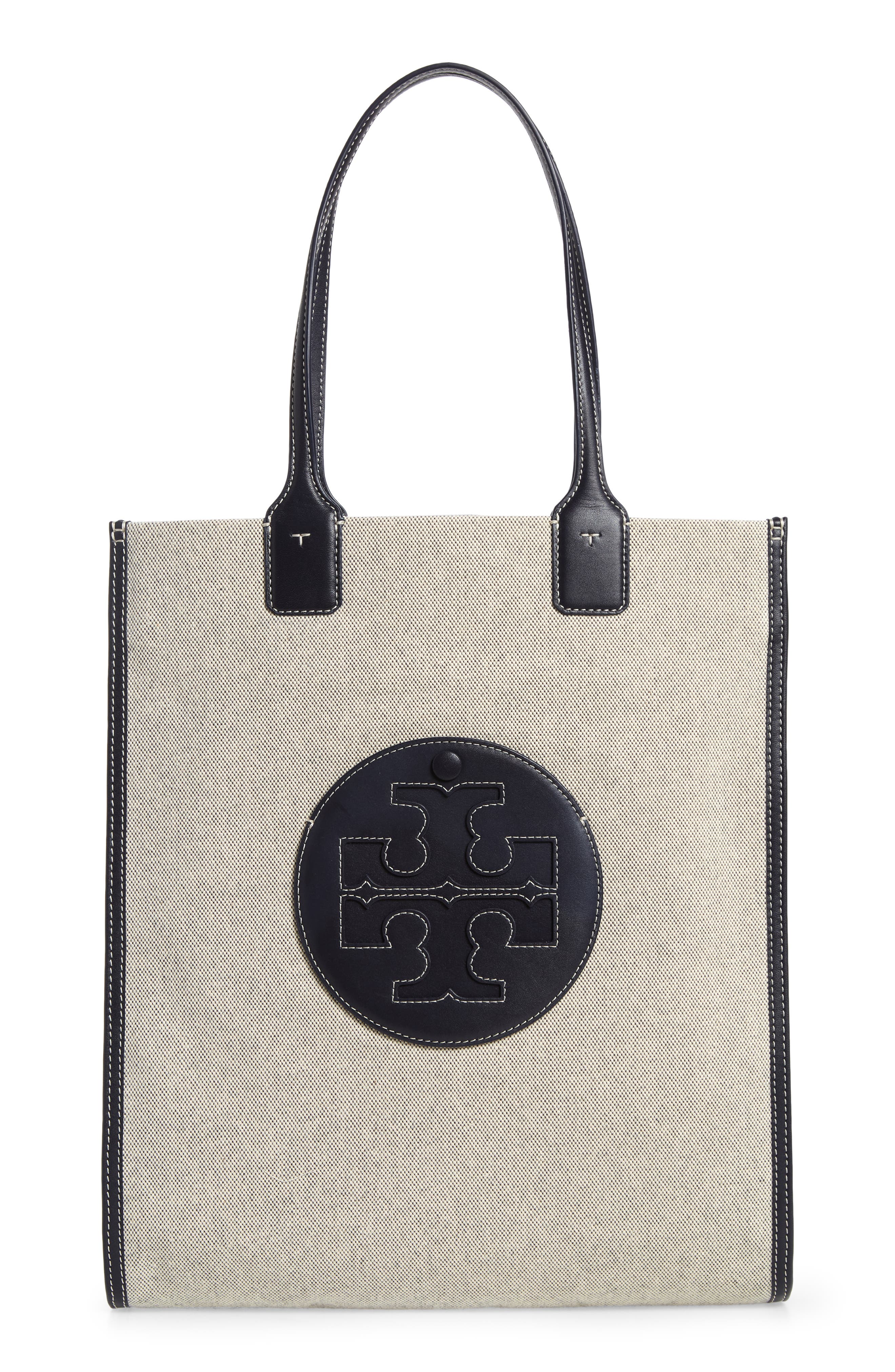 Ella N/S Tall Canvas Tote, Main, color, NATURAL/ TORY NAVY