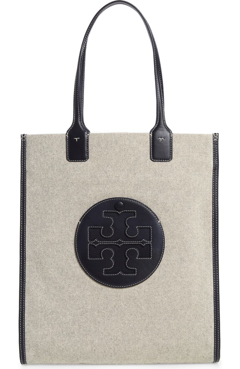 Tory Burch Ella N/S Tall Canvas Tote, Main, color, Natural/ Tory Navy