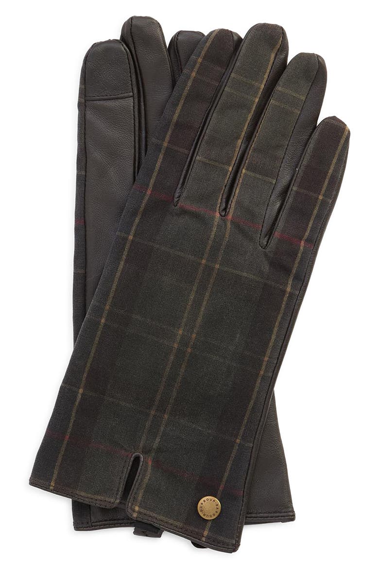 Scarlett Tartan & Leather Touchscreen Gloves, Main, color, CLASSIC/ BROWN