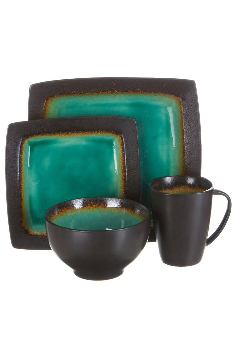 Gibson Ocean Paradise 16 Piece Square Stoneware Dinnerware Set in Jade, Main, color, Black