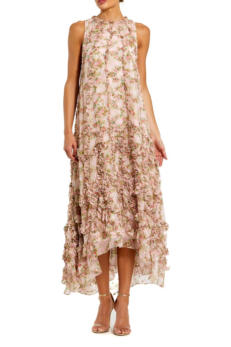 Women's Floral Appliqué Tiered Ruffle High-Low Midi Dress, Main, color, Pink Multi