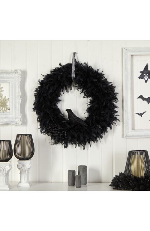 Nearly Natural Halloween Raven Feather Wreath In Black