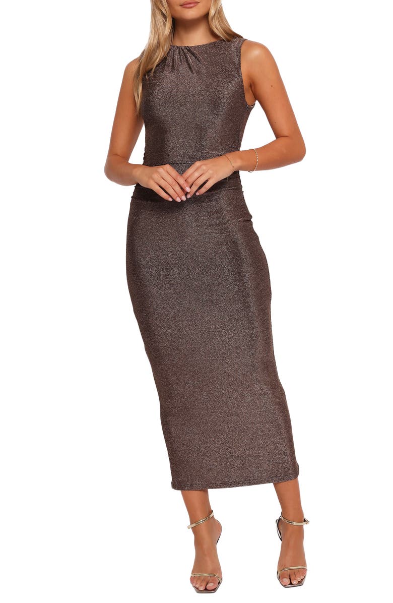 Petal & Pup Priya Shimmer Strapless Midi Dress, Main, color, 