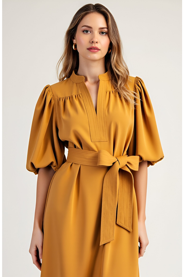 Puff Sleeve Midi Dress with Belt, Alternate, color, Black