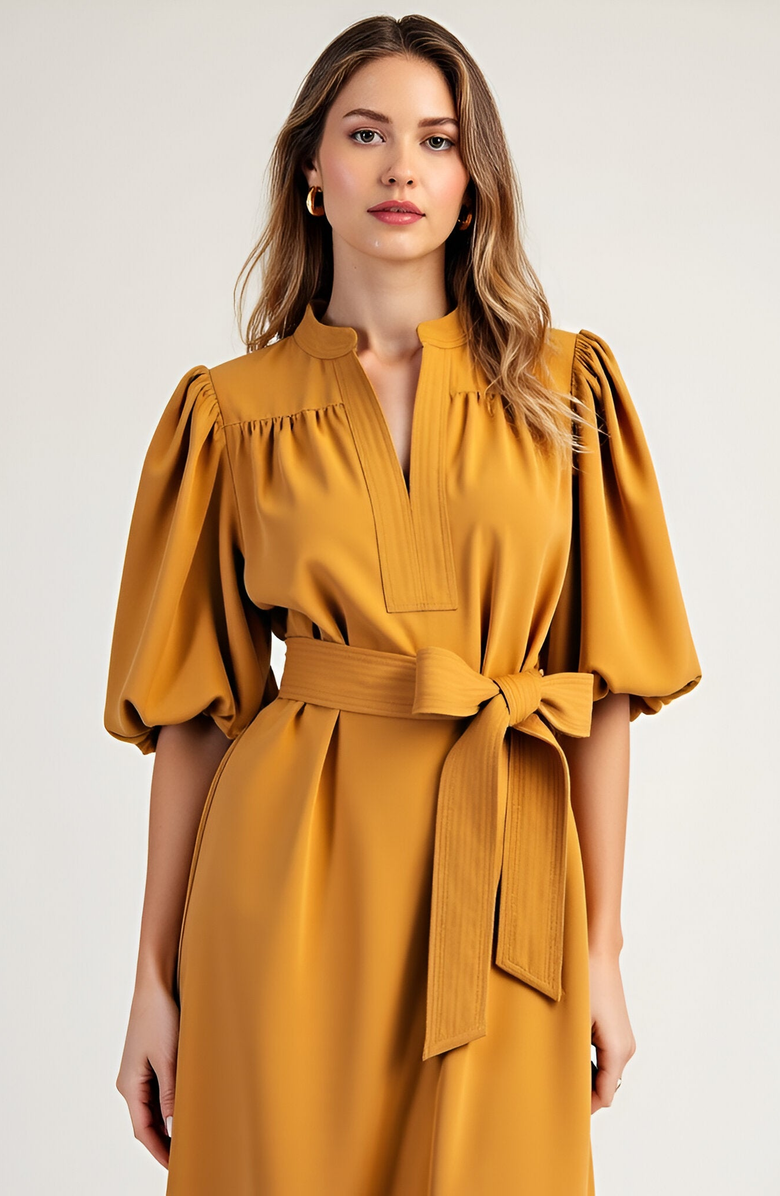 Modenaire Puff Sleeve Midi Dress with Belt, Alternate, color, Black