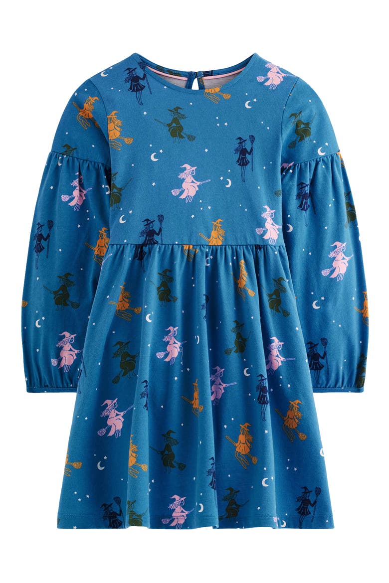 Kids' Blouson Sleeve Twirly Dress, Main, color, BLUE HALLOWEEN WITCHES