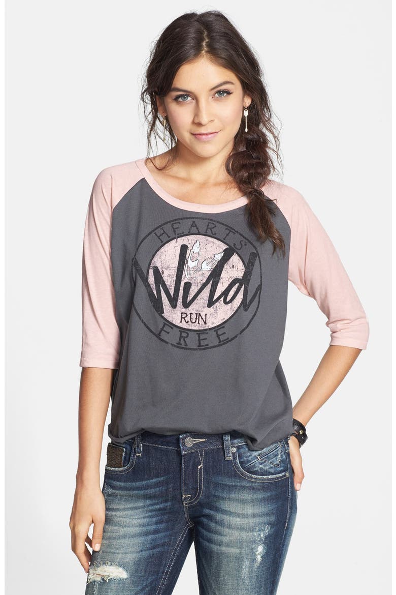'Hearts Run Free' Baseball Tee, Main, color, CHARCOAL/ BLUSH