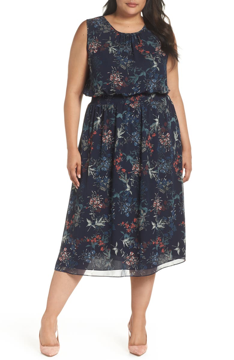 Vince Camuto Garden Floral Smocked Waist Midi Dress, Main, color, 