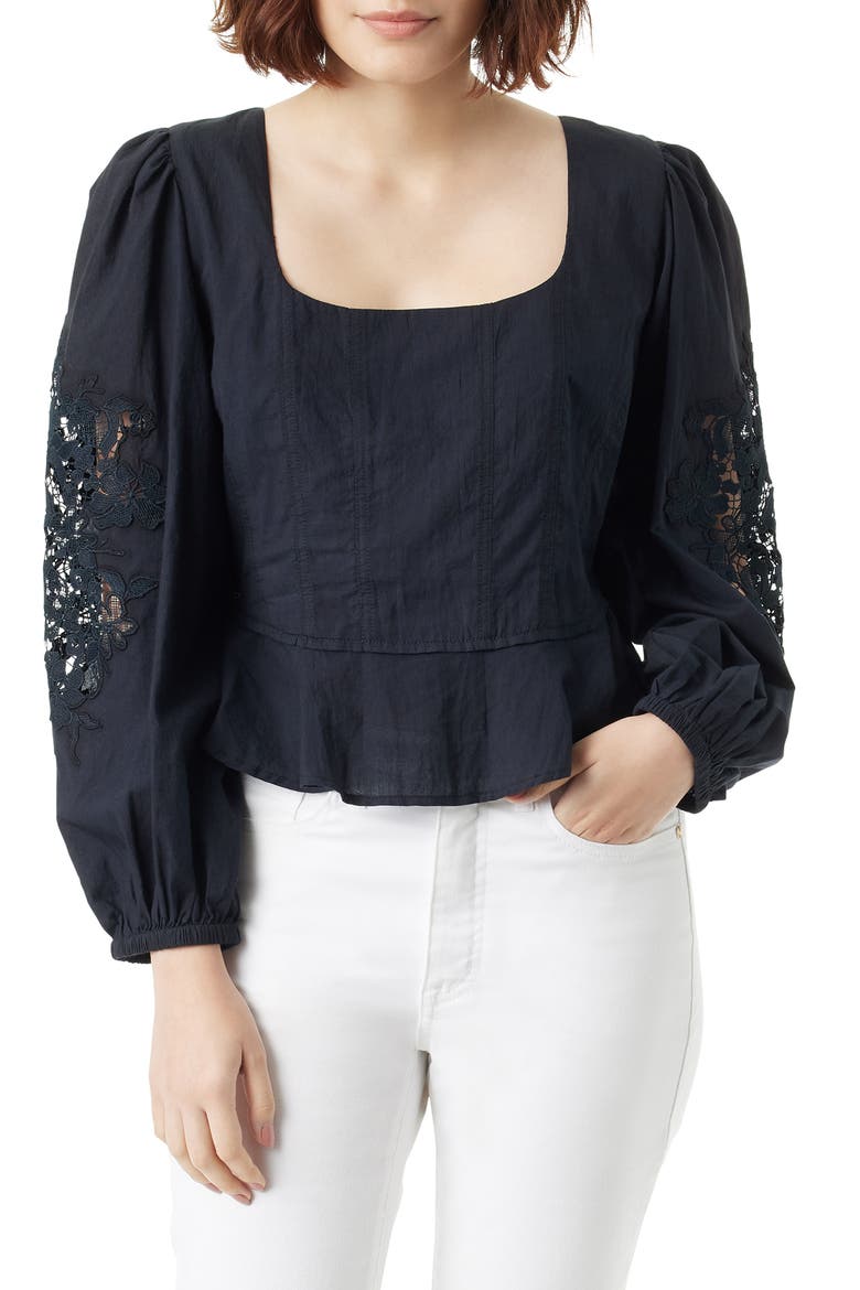 Lainey Lace Accent Cotton Peplum Top, Main, color, BLACK