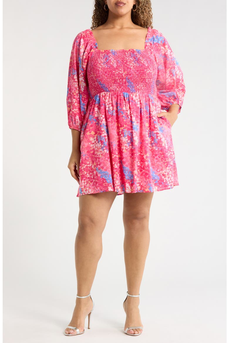 Leah Abstract Print Niko Smocked Minidress, Main, color, PINK-BLUE