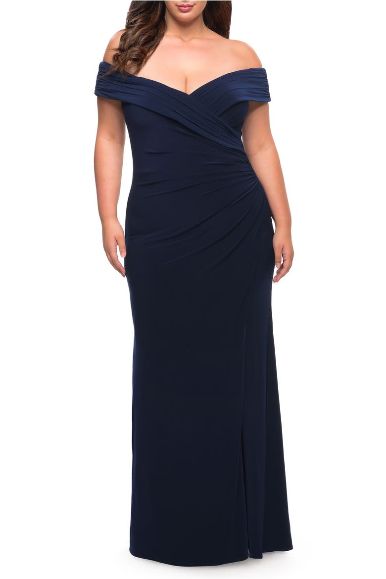 Jersey Plus Size Dress with Off the Shoulder Top, Alternate, color, Navy