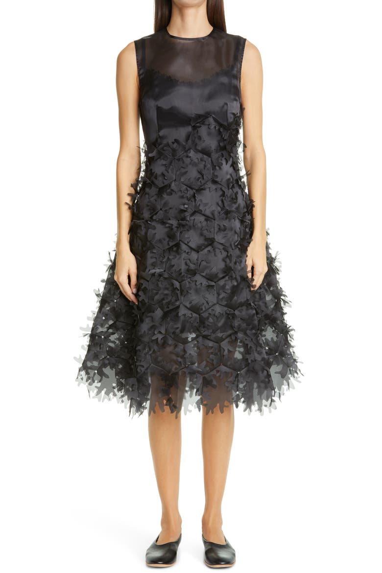 Laser Cut Appliqué Hexagon Organza Midi Dress, Main, color, BLACK