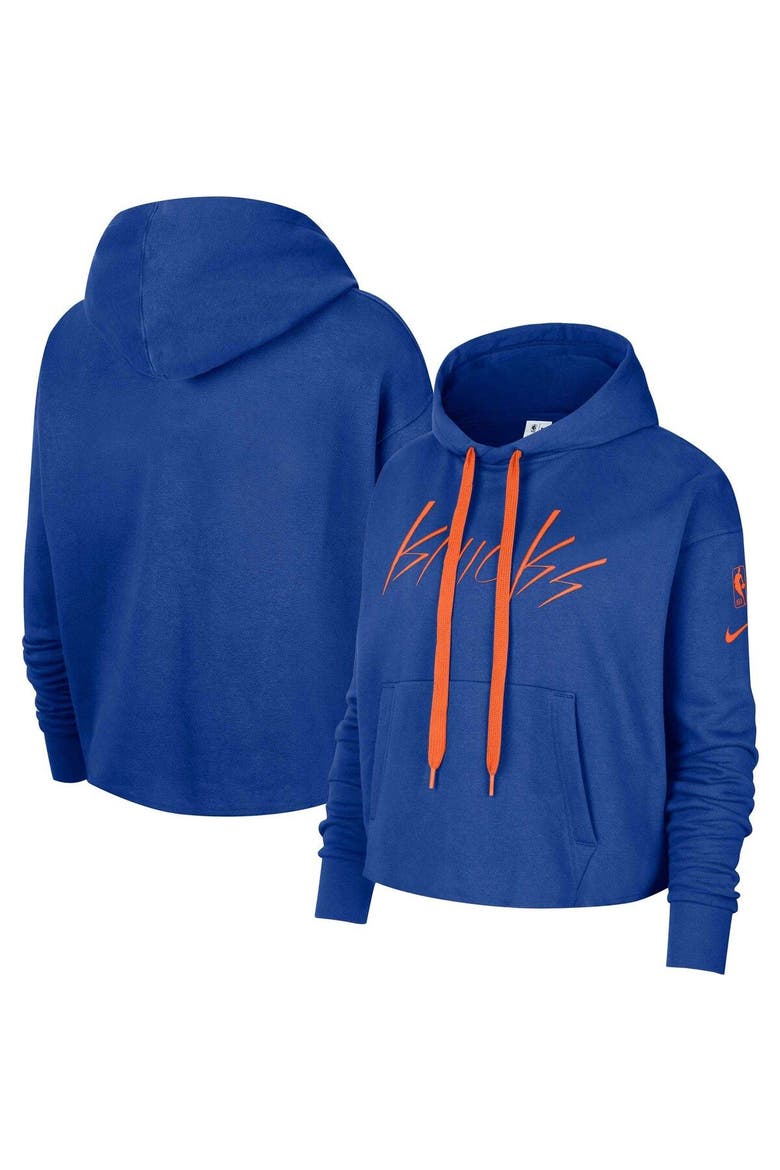 Women's Nike Blue New York Knicks Split Flip Courtside Cropped Pullover Hoodie, Main, color, Blue