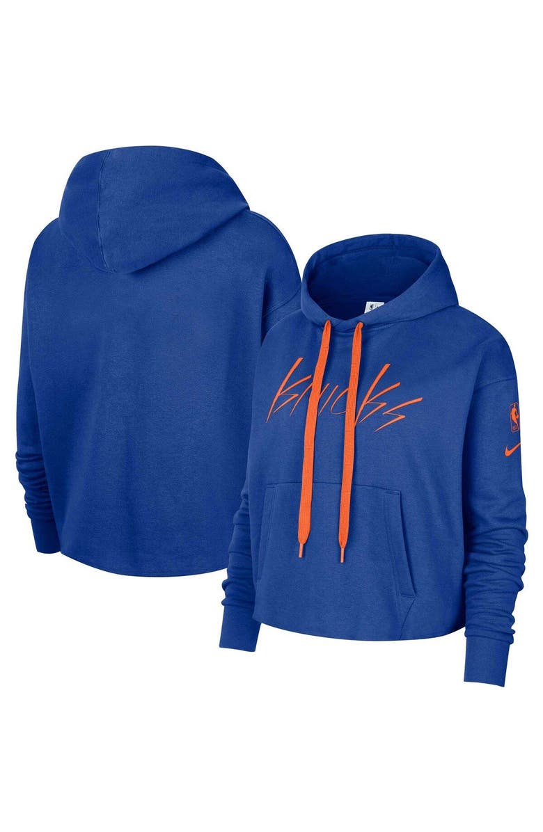 Nike Women's Nike Blue New York Knicks Split Flip Courtside Cropped Pullover Hoodie, Main, color, 