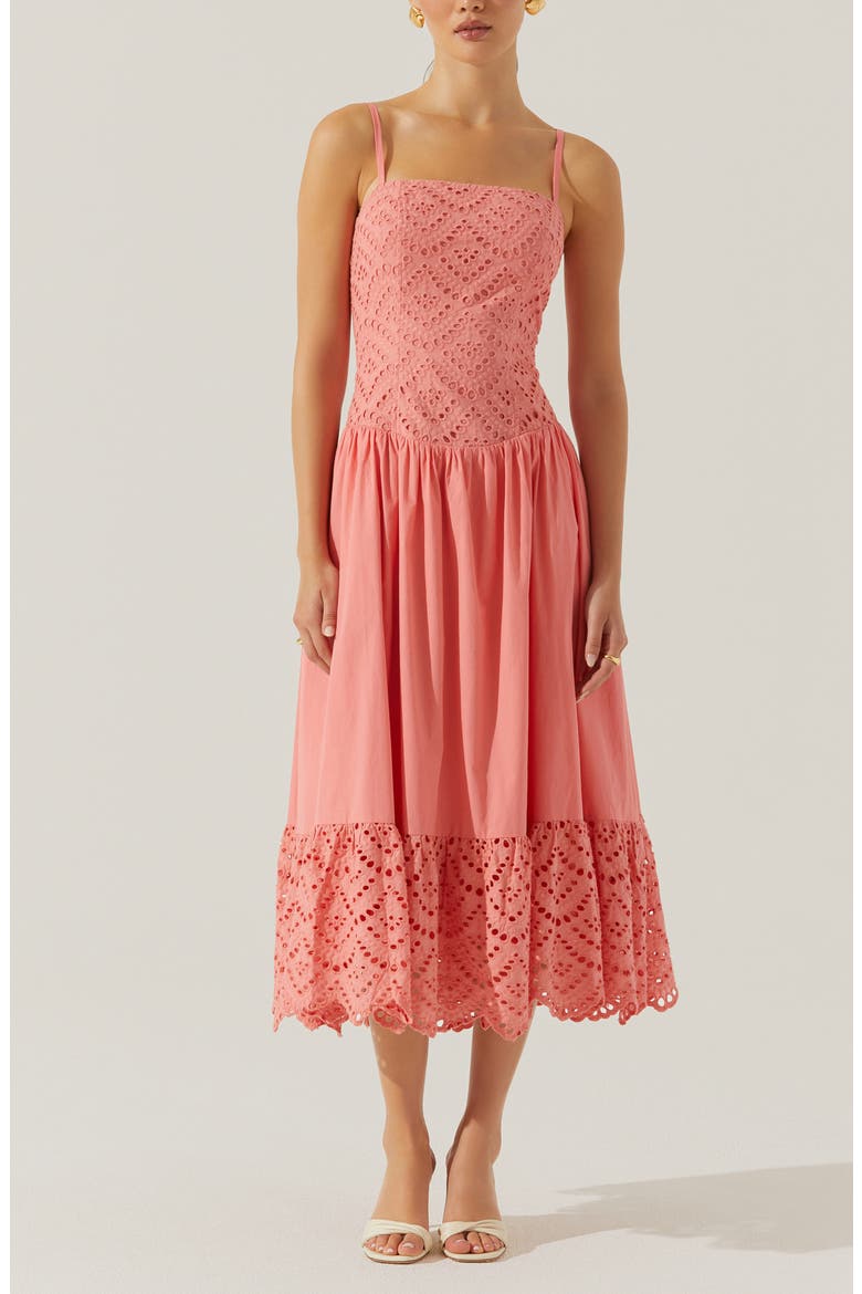 Nathalia Eyelet Embroidered Cotton Midi Dress, Alternate, color, CORAL