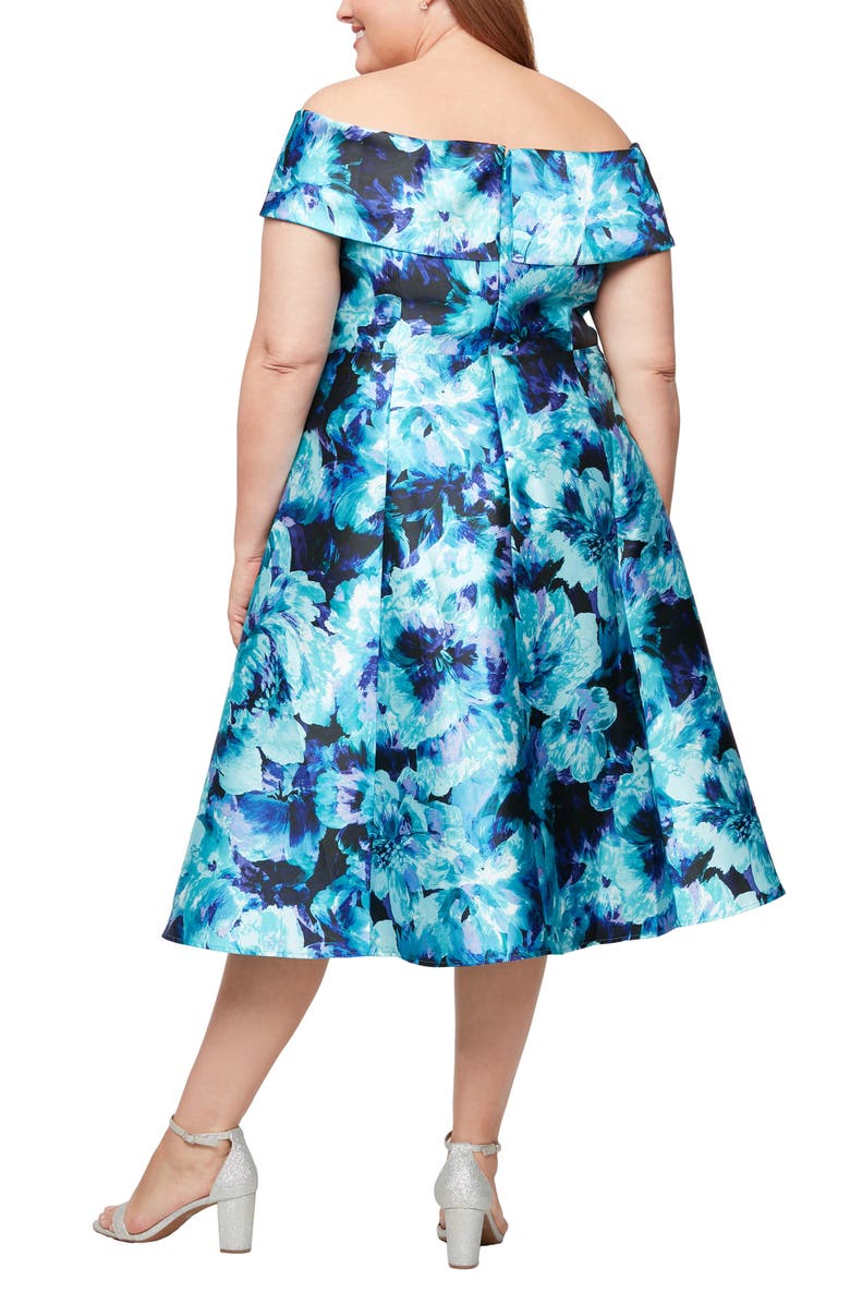 Alex Evenings Printed Mikado Off the Shoulder Cocktail Dress, Alternate, color, Aqua Multi