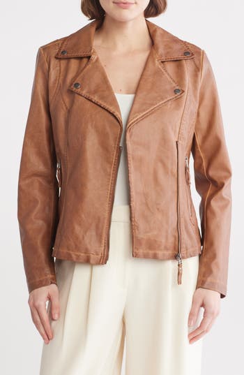 Max Studio Maxstudio Washed Faux Leather Moto Jacket In Brown