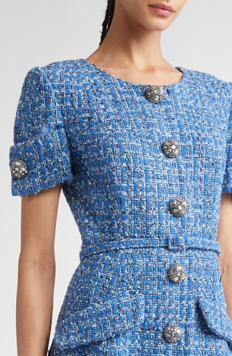 Carolina Herrera Crystal Button Tweed A-Line Dress, Alternate, color, Blue Multi