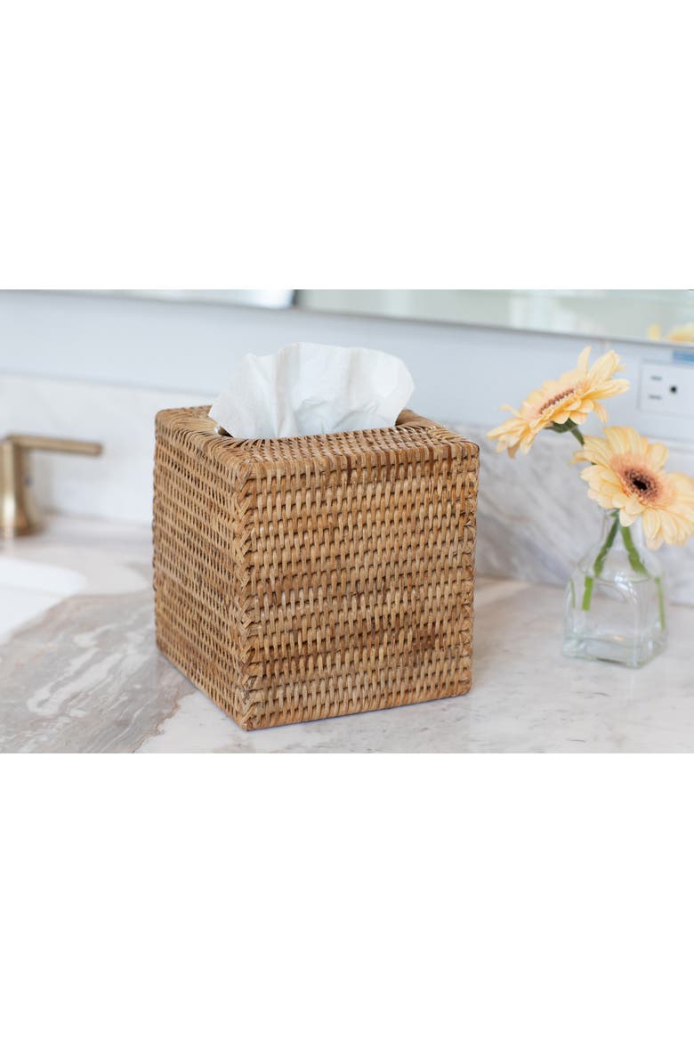 Rattan Column Tissue Box Cover, Alternate, color, Honey Brown
